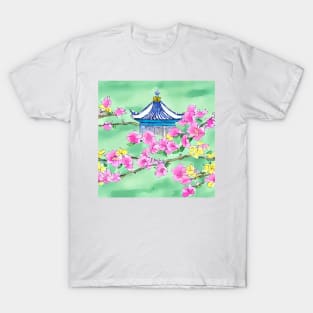 Blue pagoda and cherry blossom on green T-Shirt